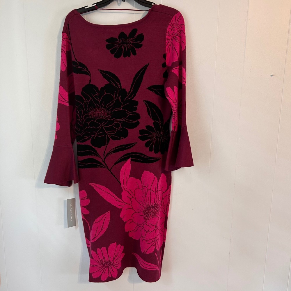 London Times Womens Berry Pink Floral Bell Sleeve Sweater Dress L T7766M-KH - Picture 10 of 10